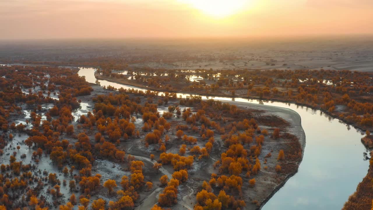塔里木河流经塔克拉玛干沙漠，河两岸是胡杨林