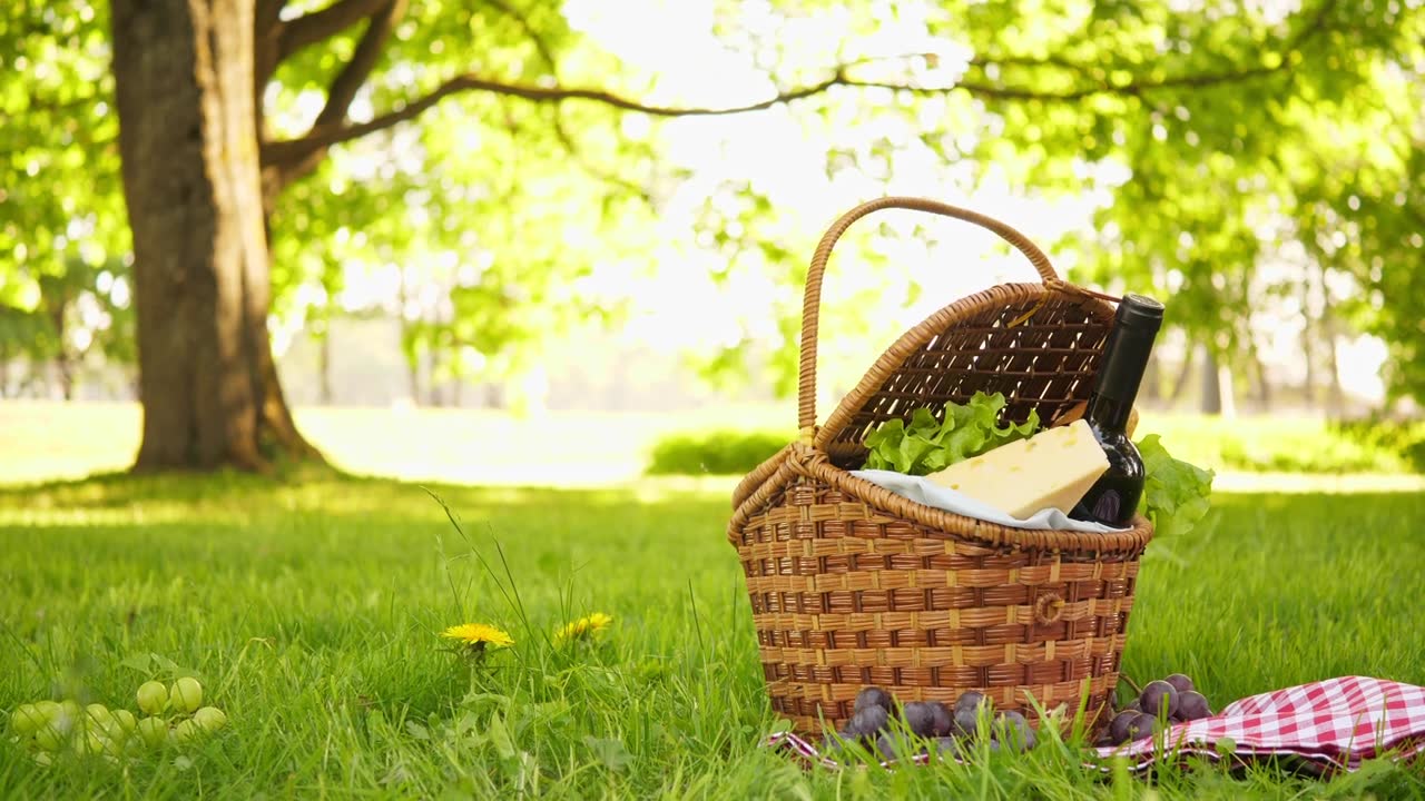 詳情圖-夏日公園里，綠草成蔭的草地上，鋪著紅色格子桌布的柳條野餐籃，上面放著奶酪和葡萄酒