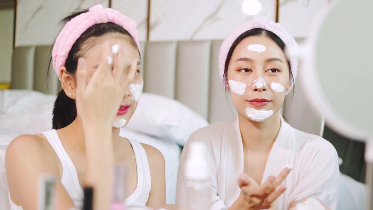 详情图-亚洲两个年轻的女性放松水疗在家里一边笑一边放松，微笑的女孩朋友有乐趣。居家。年轻女子在脸上敷面膜。水疗中心提供各种健康治疗。