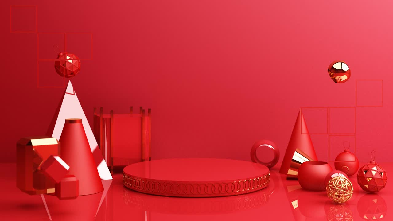 春节，金色讲台，红色抽象背景，几何造型，窗帘产品简约呈现，3d动画循环