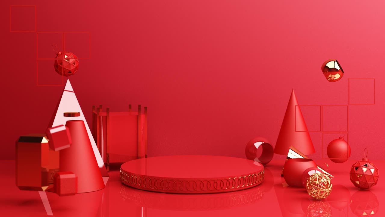 詳情圖-春節(jié)，金色講臺，紅色抽象背景，幾何造型，窗簾產(chǎn)品簡約呈現(xiàn)，3d動畫循環(huán)