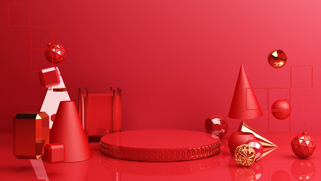詳情圖-春節(jié)，金色講臺，紅色抽象背景，幾何造型，窗簾產(chǎn)品簡約呈現(xiàn)，3d動畫循環(huán)