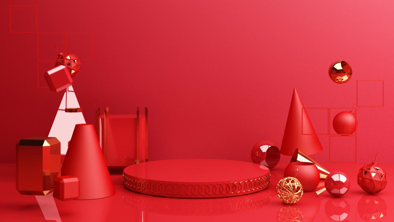 詳情圖-春節(jié)，金色講臺，紅色抽象背景，幾何造型，窗簾產(chǎn)品簡約呈現(xiàn)，3d動畫循環(huán)