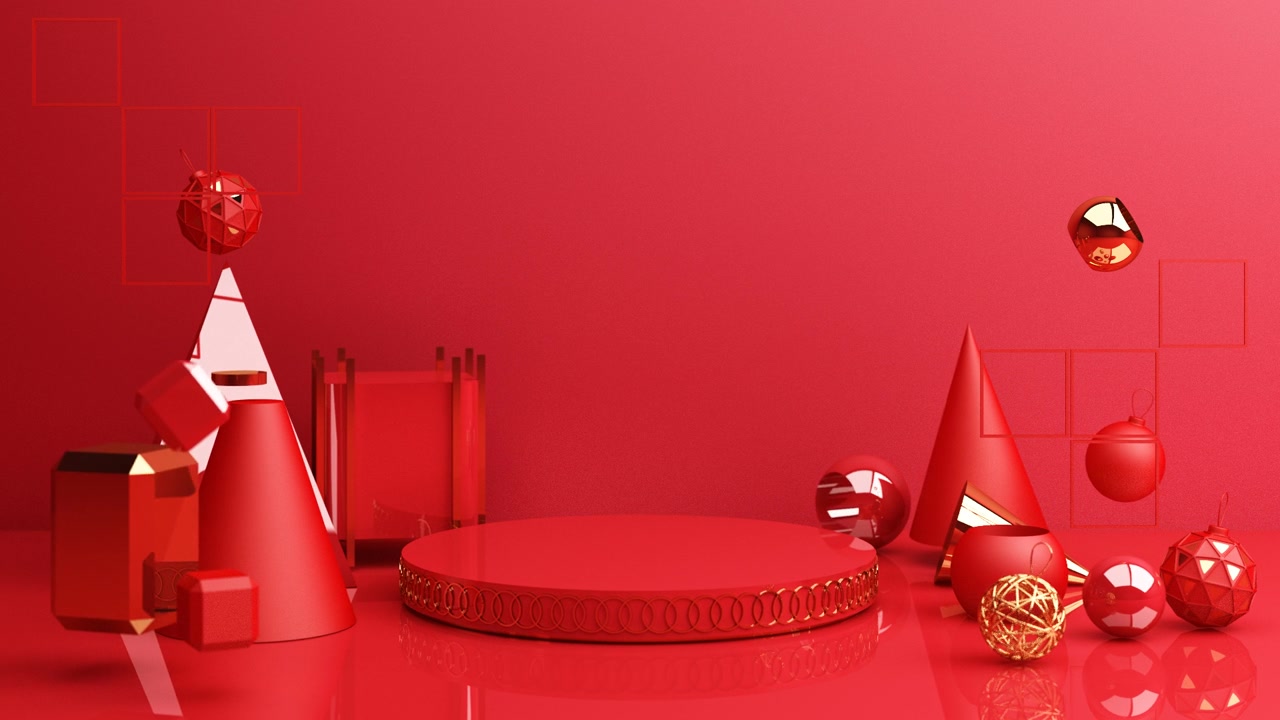 詳情圖-春節(jié)，金色講臺，紅色抽象背景，幾何造型，窗簾產(chǎn)品簡約呈現(xiàn)，3d動畫循環(huán)