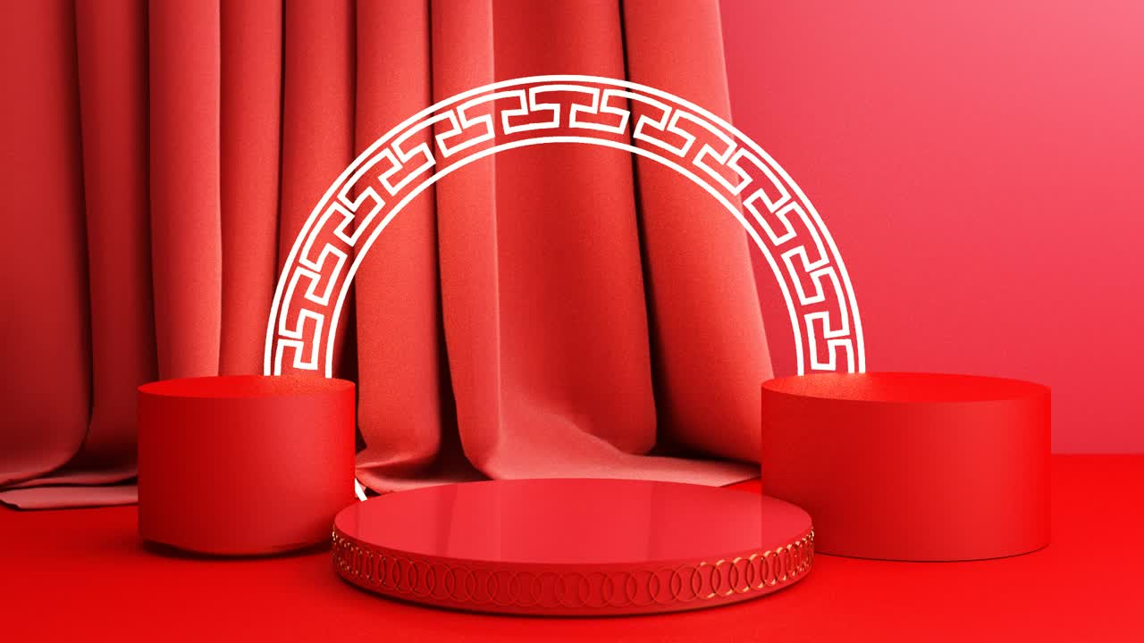 春节，金色讲台，红色抽象背景，几何造型，窗帘产品简约呈现，3d动画循环