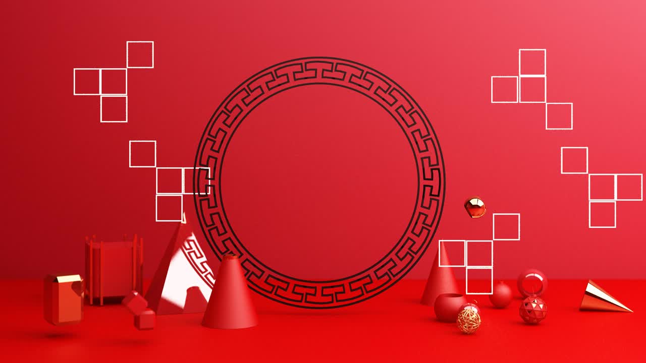 春节，金色讲台，红色抽象背景，几何造型，窗帘产品简约呈现，3d动画循环