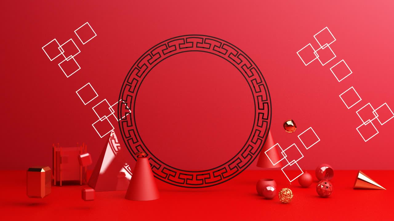詳情圖-春節(jié)，金色講臺(tái)，紅色抽象背景，幾何造型，窗簾產(chǎn)品簡(jiǎn)約呈現(xiàn)，3d動(dòng)畫(huà)循環(huán)