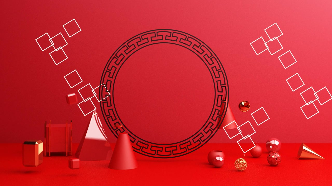 詳情圖-春節(jié)，金色講臺(tái)，紅色抽象背景，幾何造型，窗簾產(chǎn)品簡(jiǎn)約呈現(xiàn)，3d動(dòng)畫(huà)循環(huán)