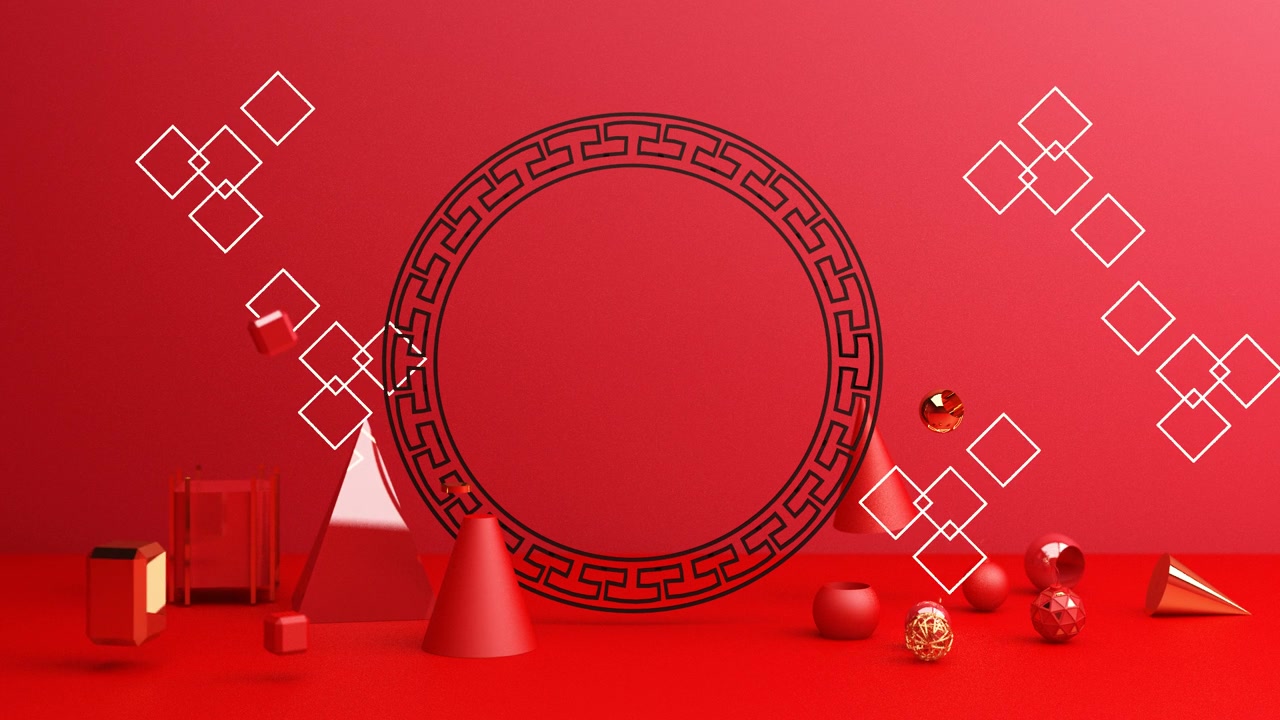 詳情圖-春節(jié)，金色講臺(tái)，紅色抽象背景，幾何造型，窗簾產(chǎn)品簡(jiǎn)約呈現(xiàn)，3d動(dòng)畫(huà)循環(huán)