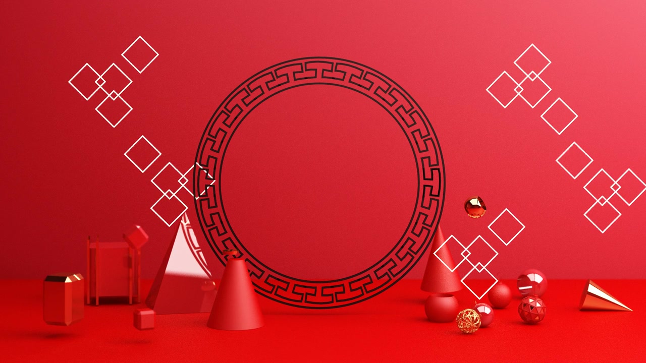 詳情圖-春節(jié)，金色講臺(tái)，紅色抽象背景，幾何造型，窗簾產(chǎn)品簡(jiǎn)約呈現(xiàn)，3d動(dòng)畫(huà)循環(huán)