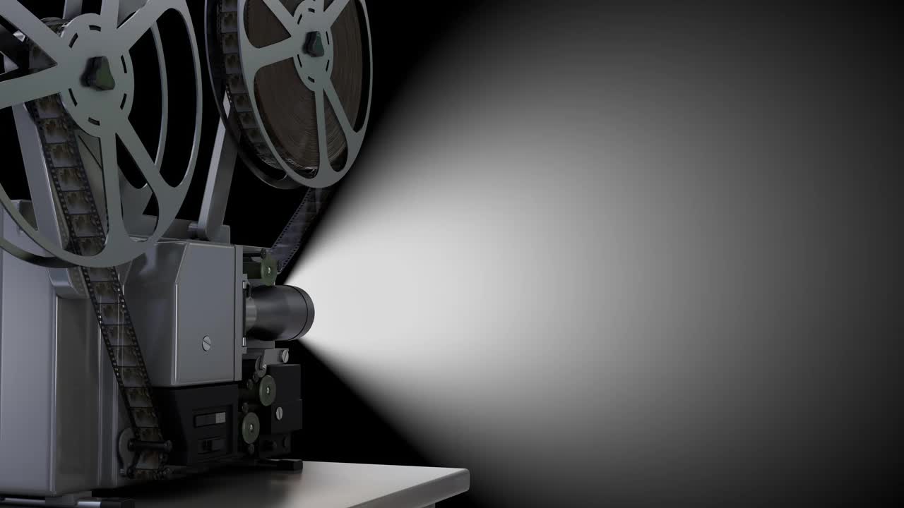 空的放映机屏幕和在黑色背景上播放电影的旋转胶片
