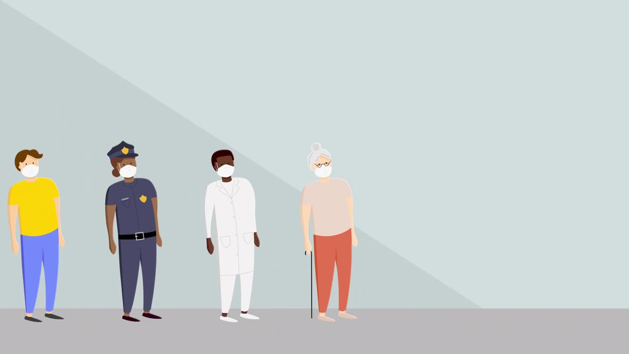 不同的人戴着防护口罩接种疫苗的动画