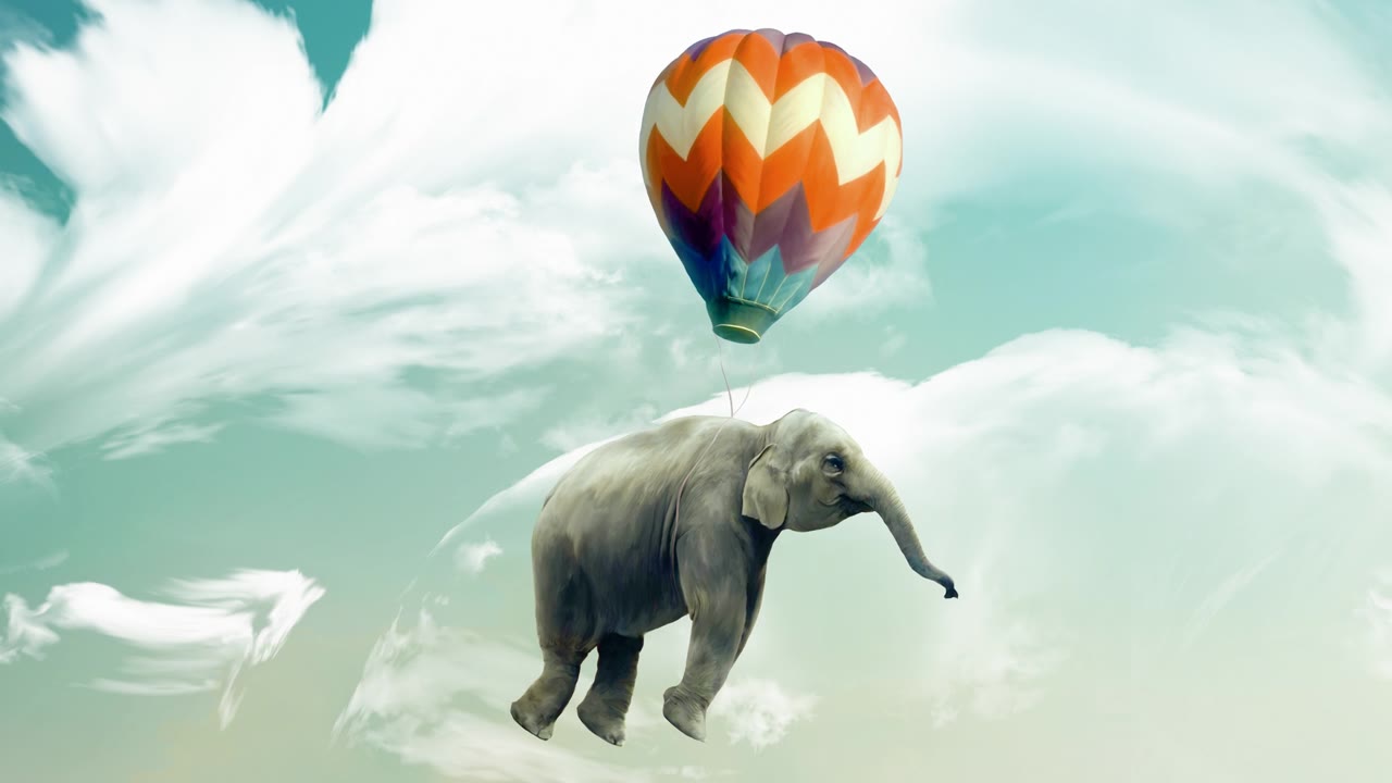 详情图-巨大的大象与天空和云背景的气球漂浮或飞行。梦幻般的梦幻的插图。自由的概念。的梦想。超现实主义。动画