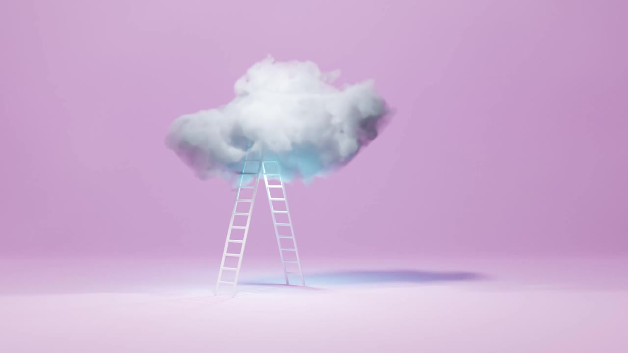 通往天空的楼梯，现代极简的卡通3d设计，梯子和云在粉红色的孤立背景。成功理念，事业发展，事业发展，创意构思，迈出第一步。