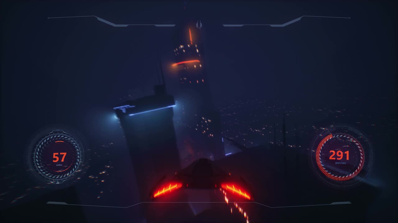 速度飛船賽車3D視頻游戲與HUD。霓虹風(fēng)格的城市