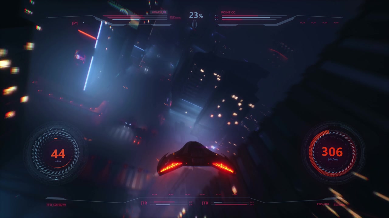 詳情圖-速度飛船賽車3D視頻游戲與HUD。霓虹風格的城市