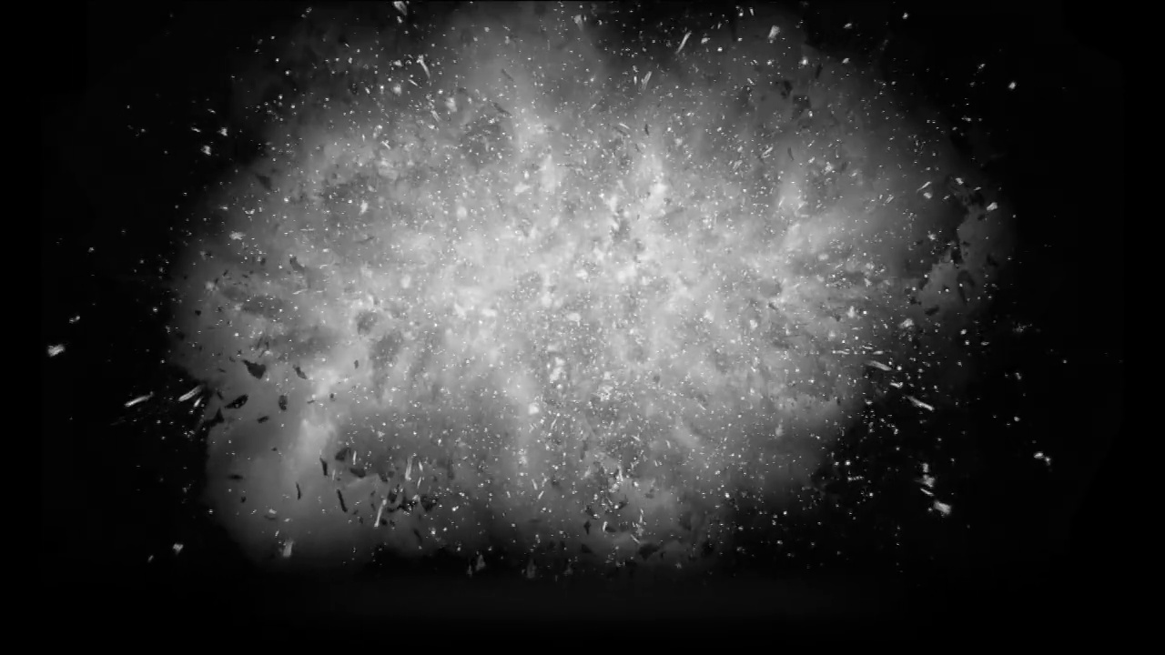 地面炸弹爆炸。移动和飞行的碎片粒子
