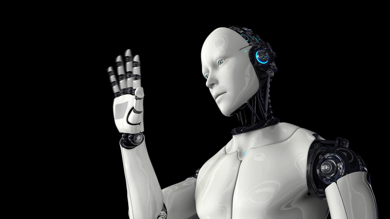 詳情圖-人工智能。機器人機器人移動它的頭，眼睛和掃描，研究他的手的運動。攝像機慢慢地把鏡頭對準機器人。在黑色的背景上。4,k。3,d動畫。
