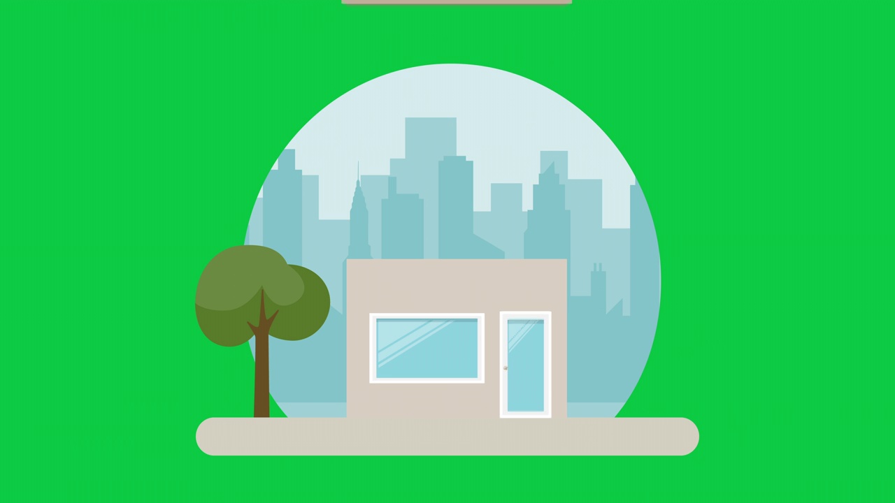 详情图-药店建筑动画与城市背景在色度键绿色屏幕上