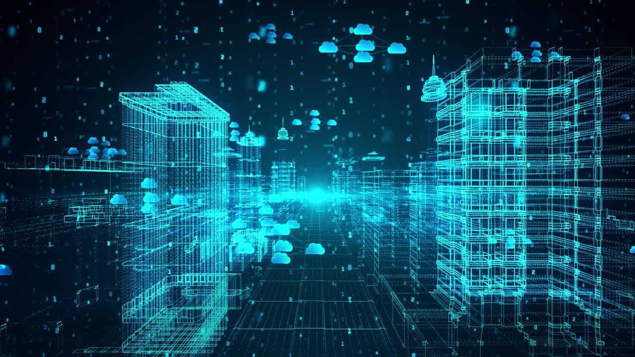 HUD未来的5G数字城市城镇元素分析4K背景。