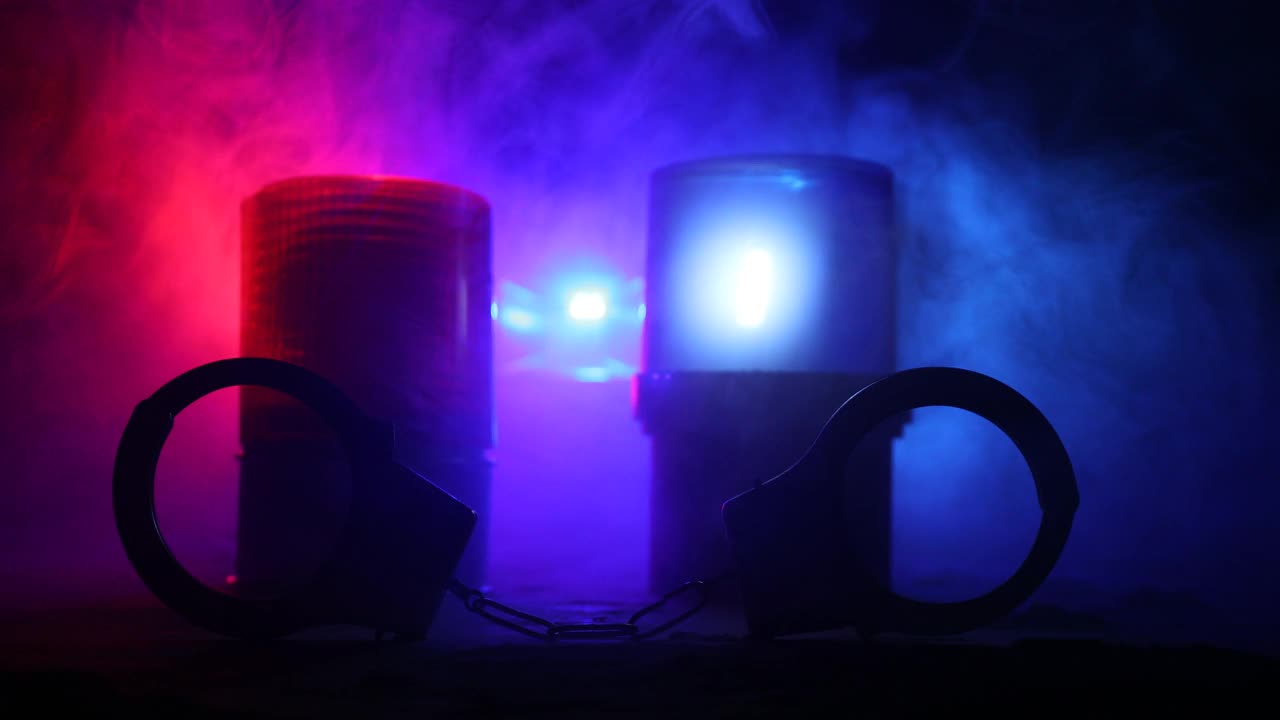 警方夜间突袭，你将被逮捕。手铐的轮廓和警车在后面。在雾蒙蒙的背景下，红色和蓝色警灯闪烁。有选择性的重点