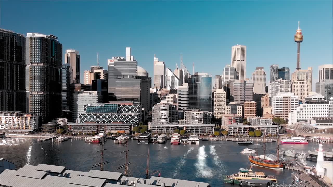 詳情圖-天際線視頻。無(wú)人機(jī)俯瞰達(dá)令港，悉尼，澳大利亞。4K視頻