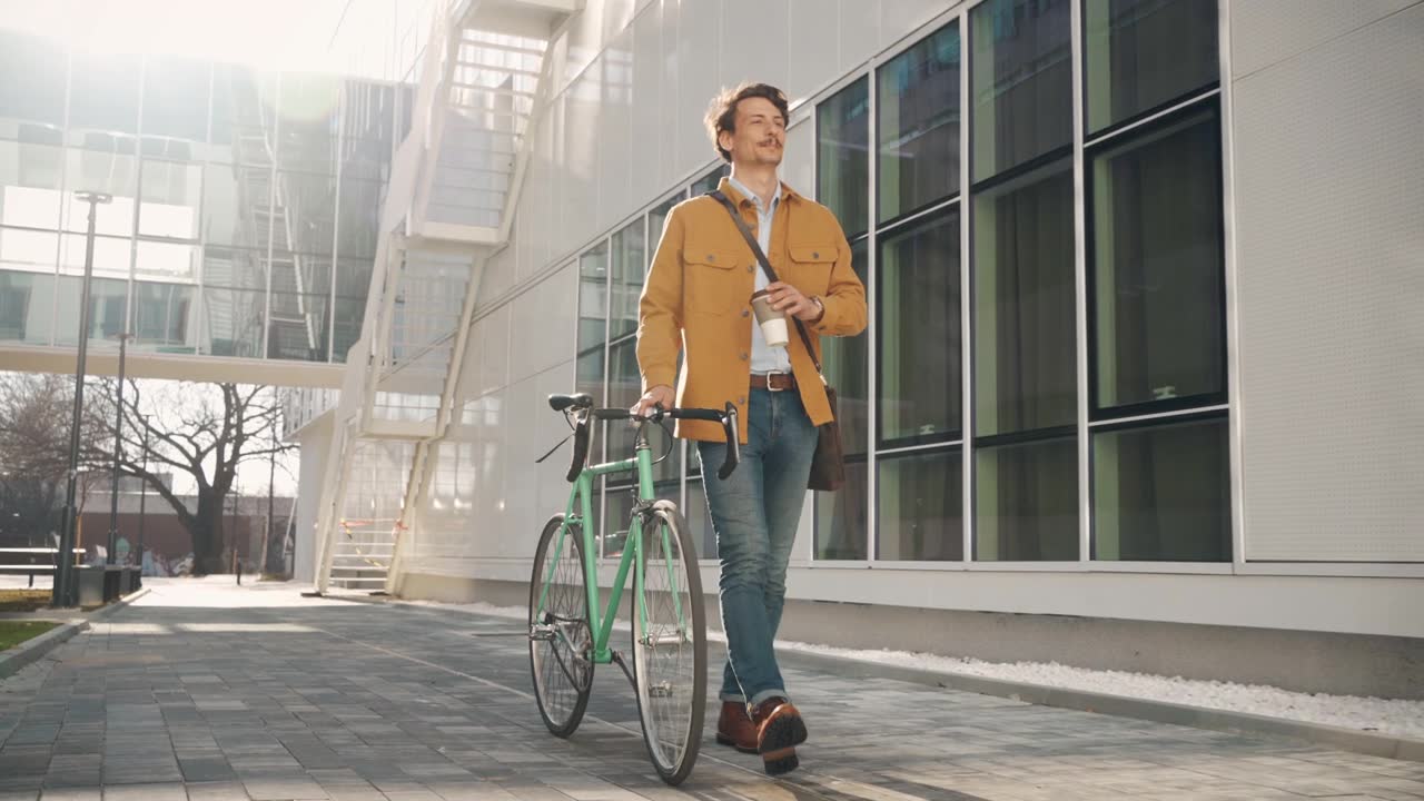 詳情圖-年輕的學(xué)生，騎著自行車，喝著咖啡