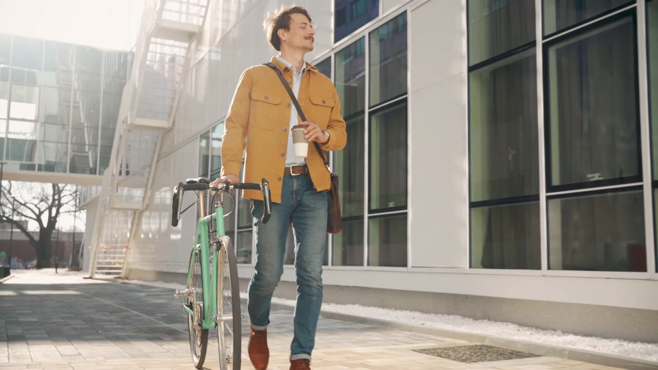 詳情圖-年輕的學(xué)生，騎著自行車，喝著咖啡