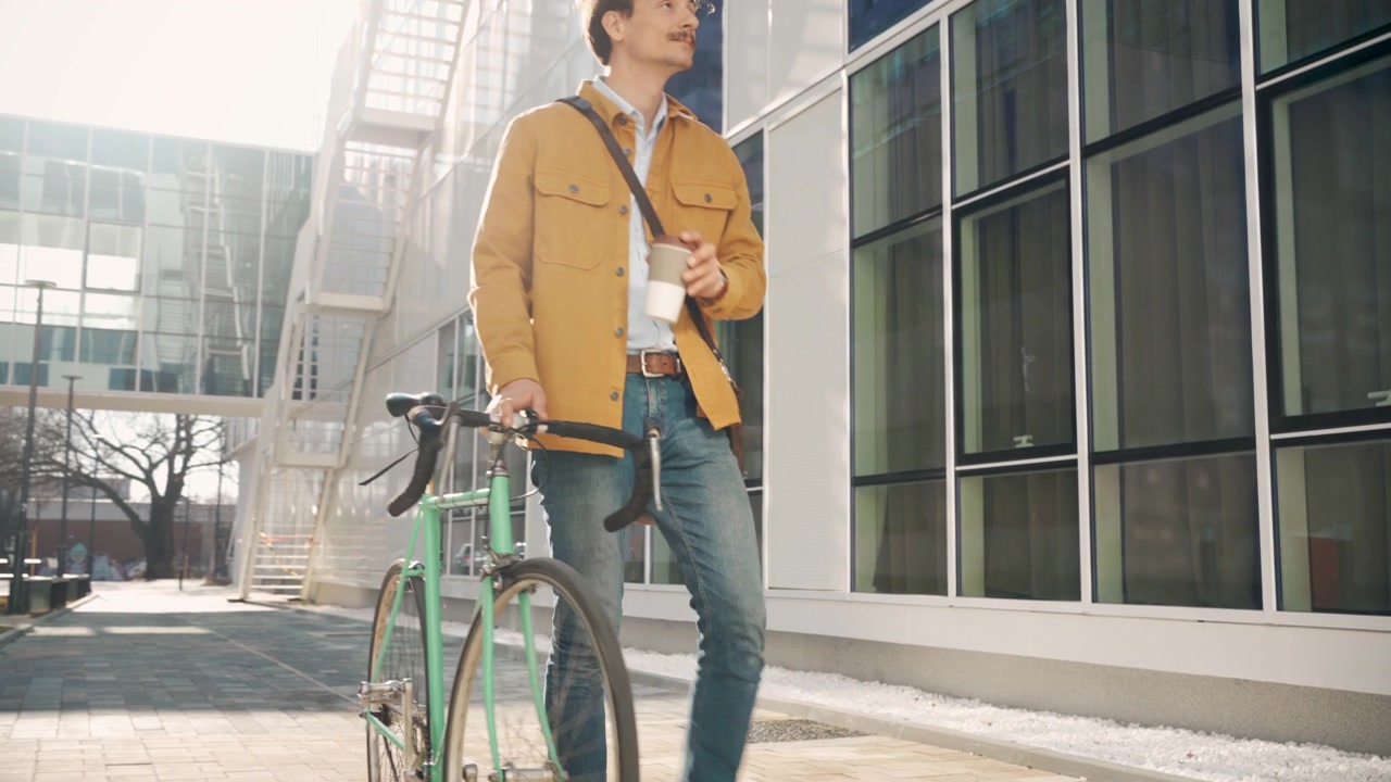 詳情圖-年輕的學(xué)生，騎著自行車，喝著咖啡