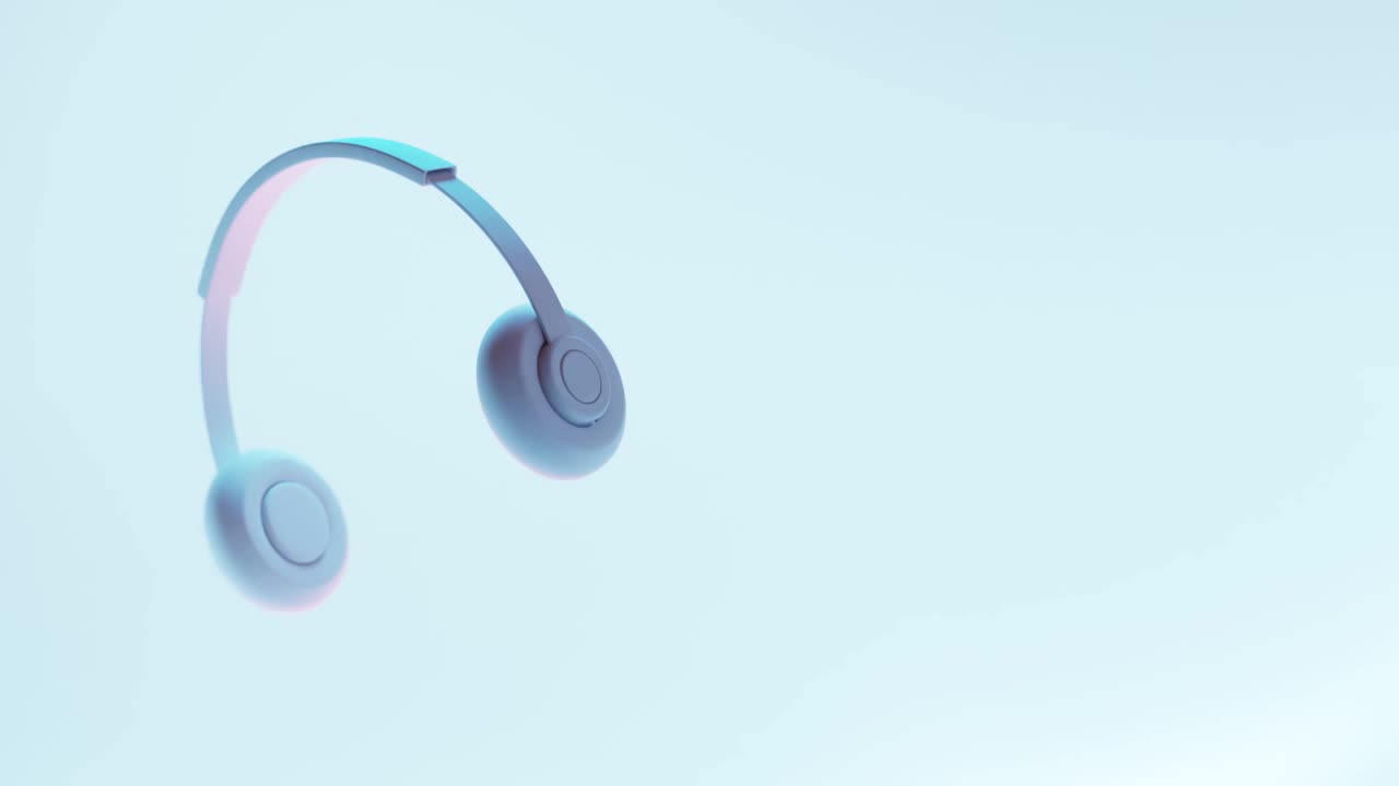 无线原创耳机与立体声在潮流霓虹灯，现代白色dj耳机3d上的蓝色背景派对，技术设备听技术电子音乐，青年配件。