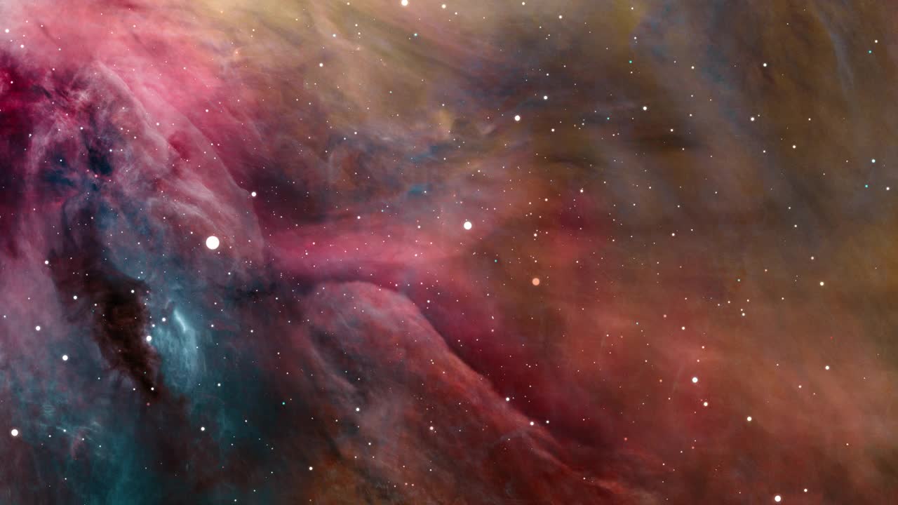 4K 3D飛船環(huán)繞獵戶座星云飛行。穿越空間的飛行在銀河系彌漫的星云和星團(tuán)。它是最明亮的星云之一。元素由美國宇航局提供的圖像。
