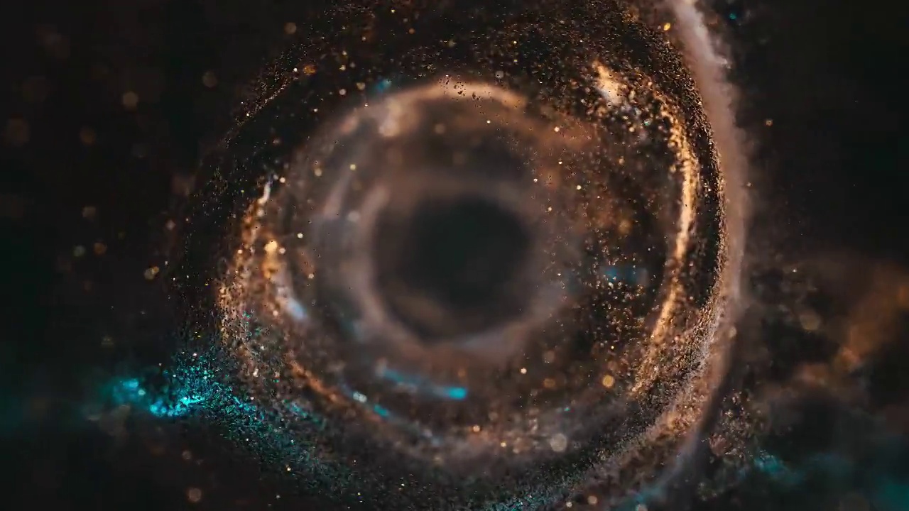 飞行通过移动粒子-隧道，螺旋，抽象背景-蓝色和金色