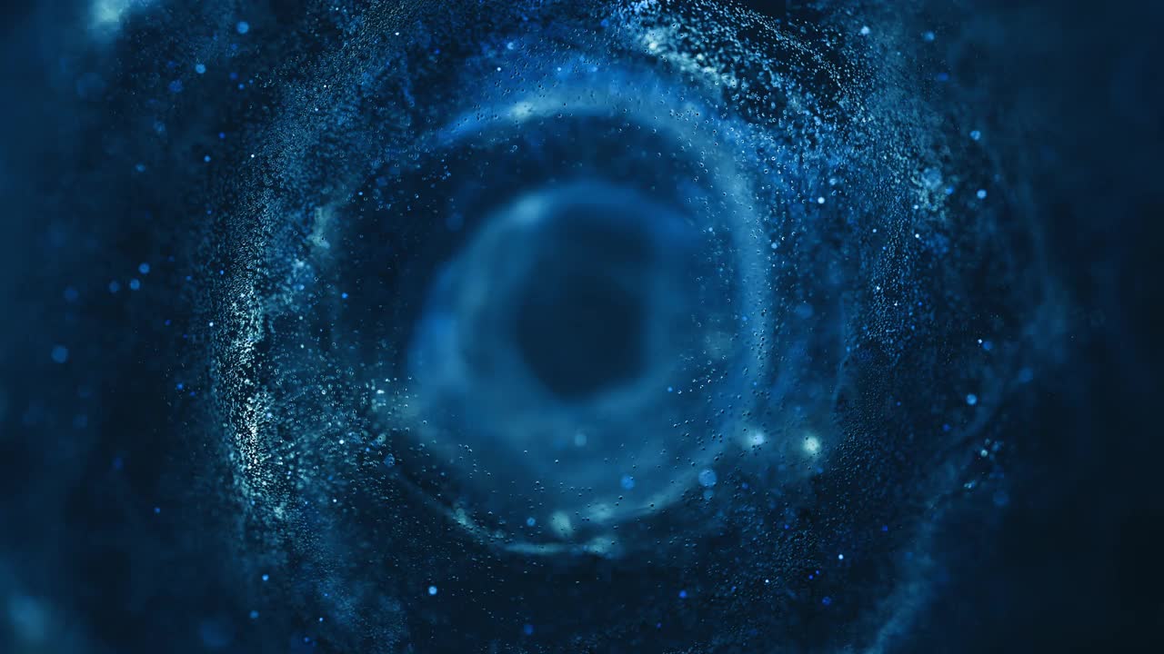 飞行通过移动粒子-隧道，螺旋，抽象背景-深蓝色，水