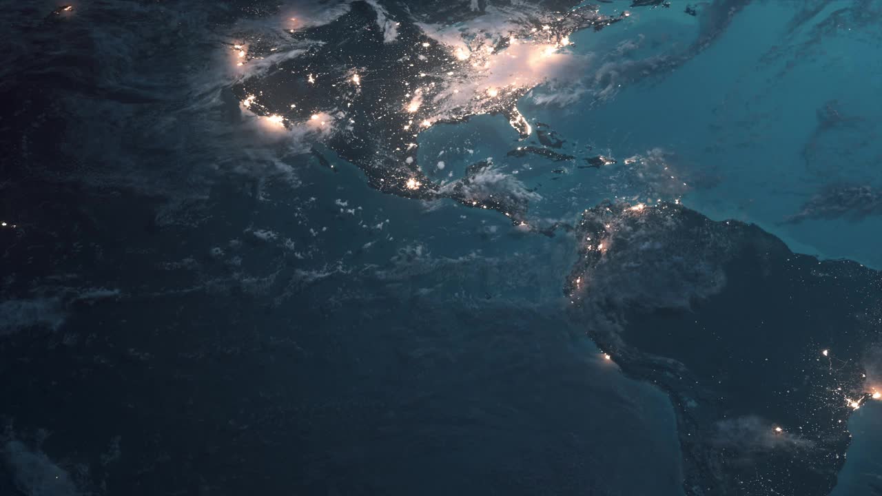 高度详细的世界地图-夜，全球商业-北美和南美，欧洲，非洲，亚洲