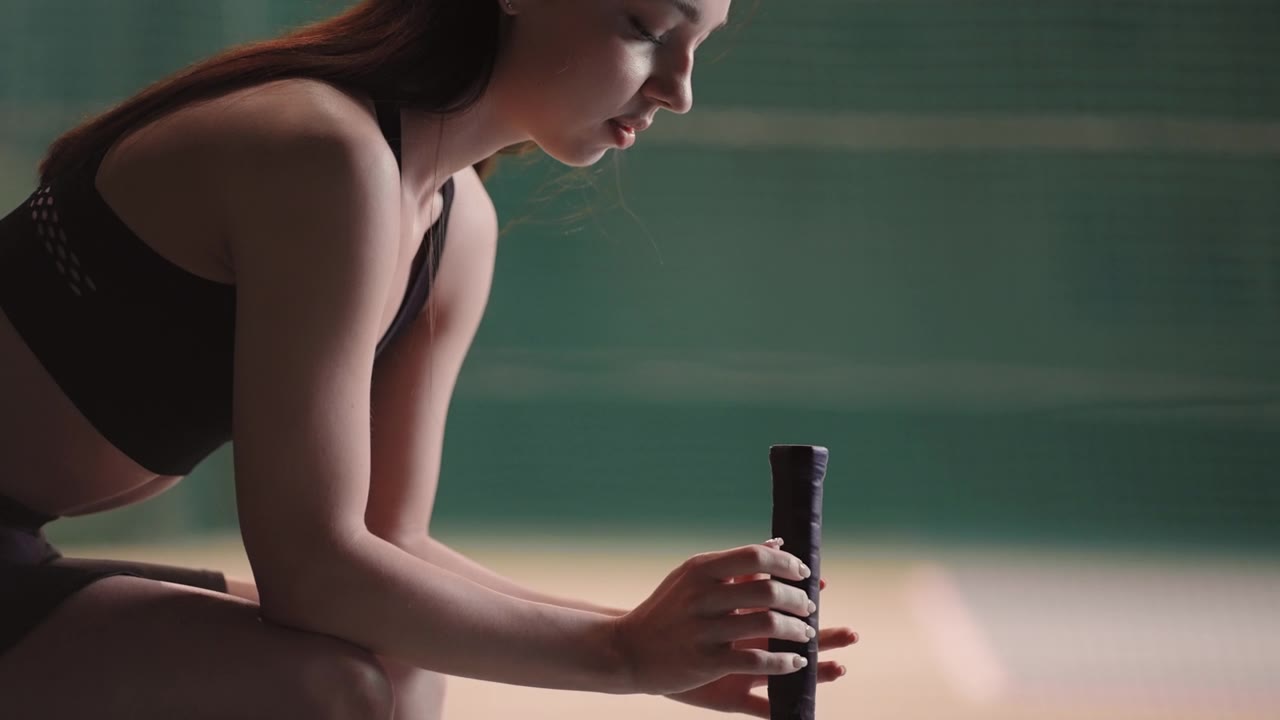 详情图-年轻女子网球运动员的肖像，女运动员正坐在网球场的长椅上，中拍
