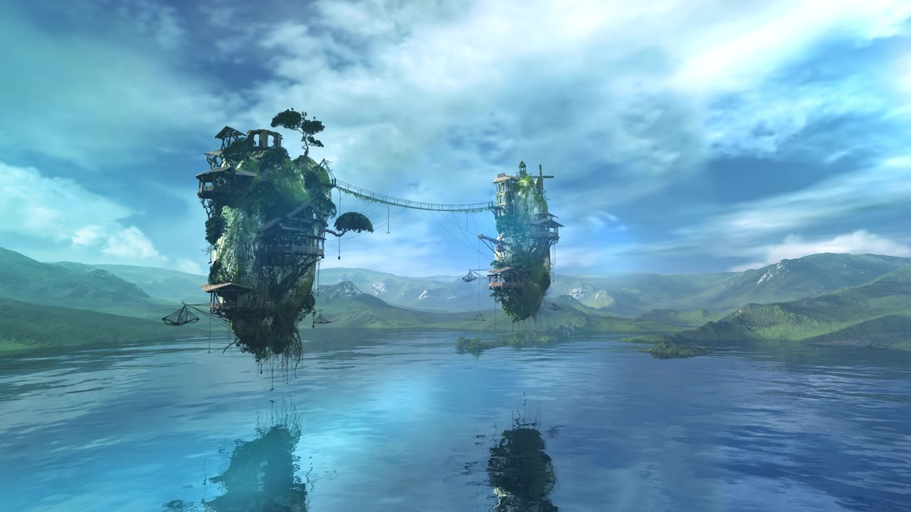 詳情圖-夢(mèng)幻般的電腦景觀，一個(gè)湖和飛行島嶼。