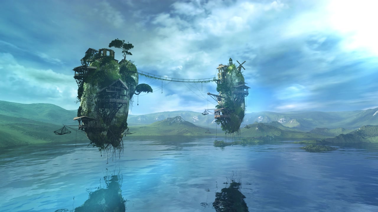 詳情圖-夢(mèng)幻般的電腦景觀，一個(gè)湖和飛行島嶼。