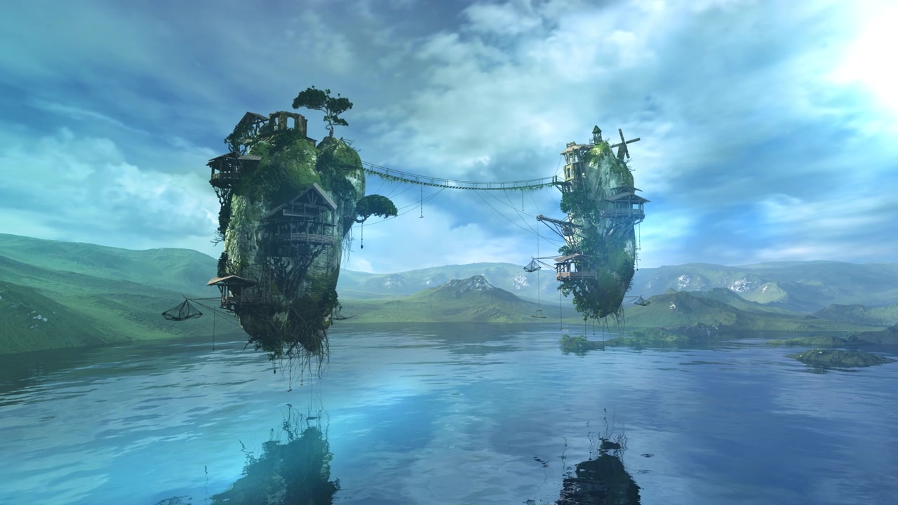詳情圖-夢(mèng)幻般的電腦景觀，一個(gè)湖和飛行島嶼。