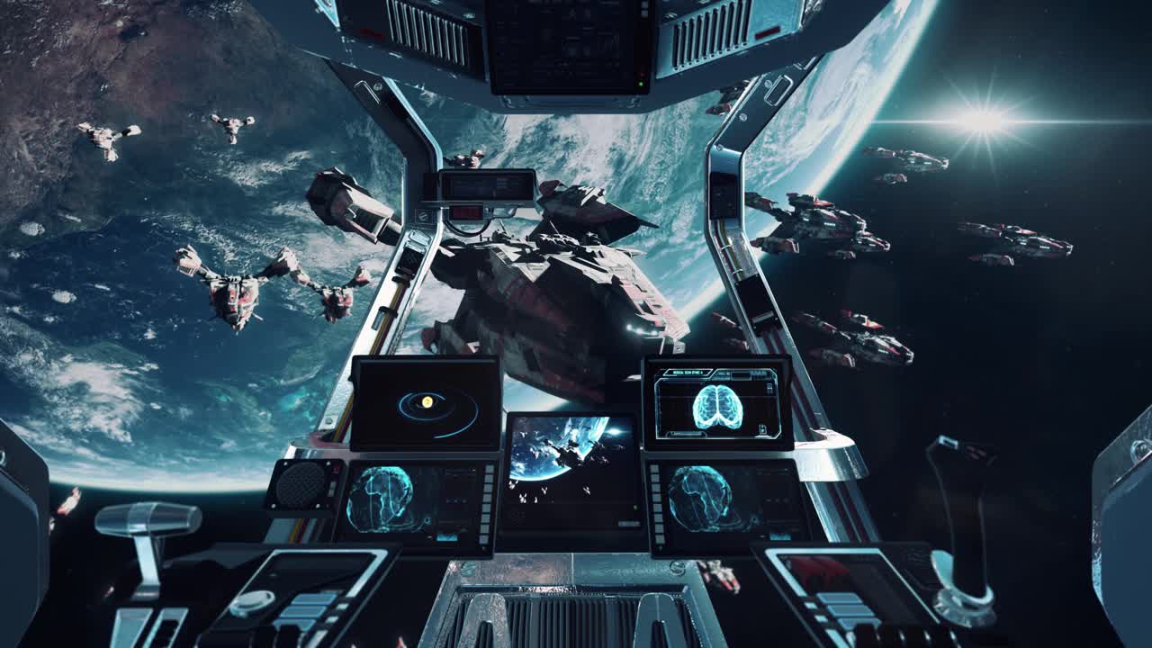 从宇宙飞船座舱看-在地球轨道上的科幻战舰舰队