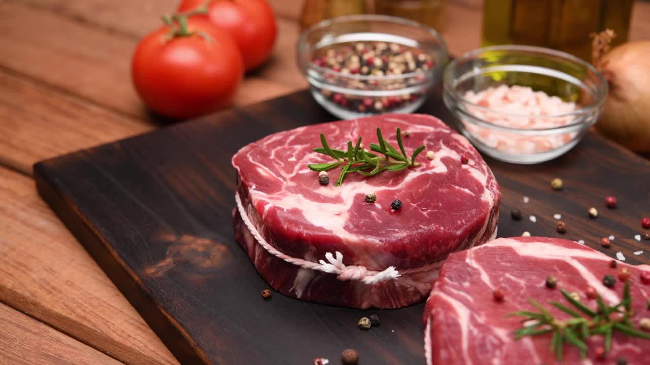 新鲜的生牛肉块放在砧板上