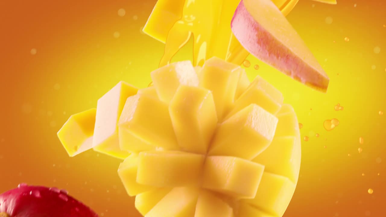 芒果片落在橙色的背景