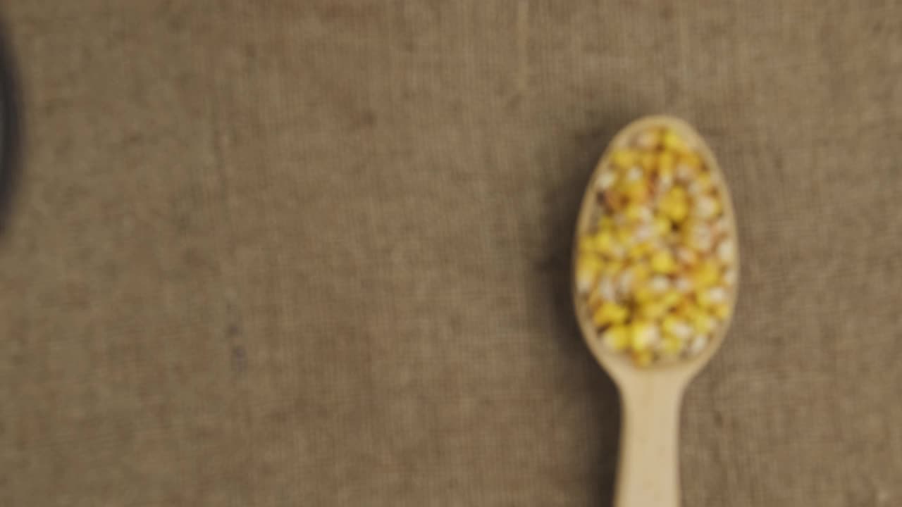 用放大鏡檢查一勺玉米粒。前視圖。