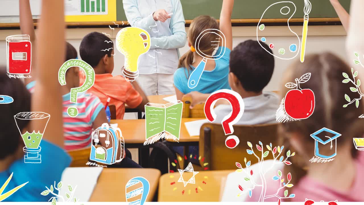 动画的彩色涂鸦和学校设备滚动在微笑的老师和班级