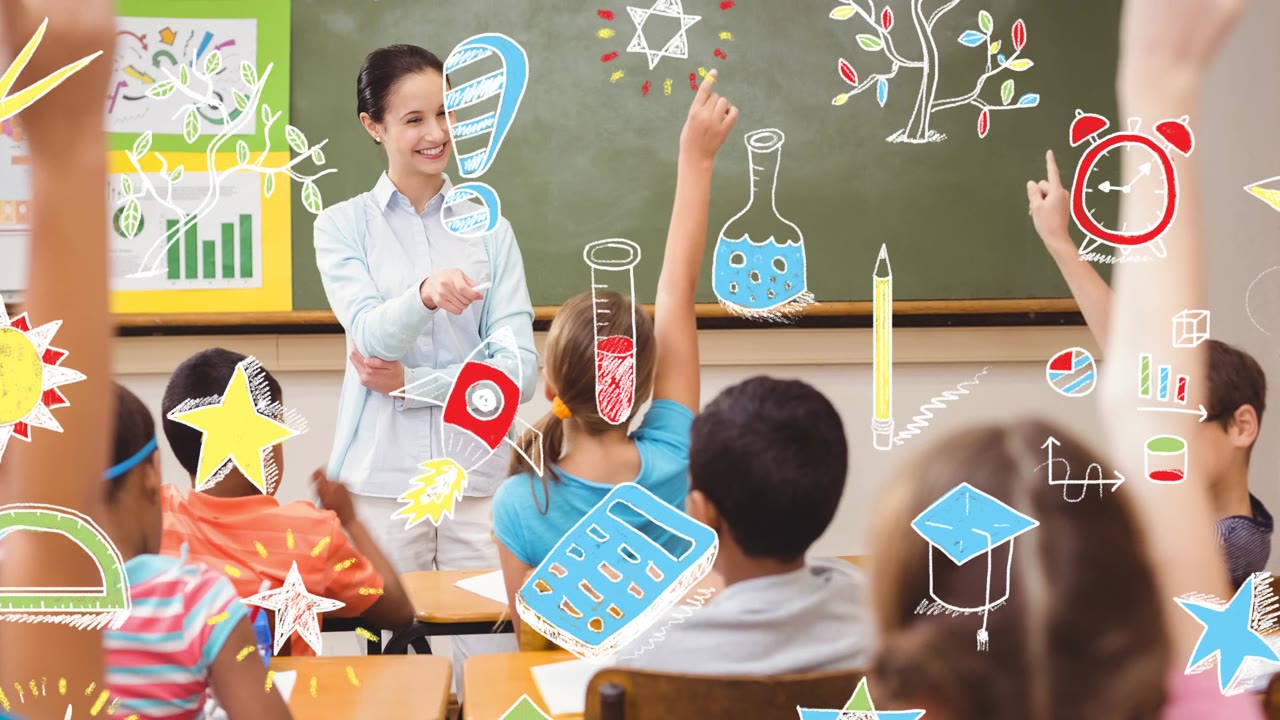 详情图-动画的彩色涂鸦和学校设备滚动在微笑的老师和班级
