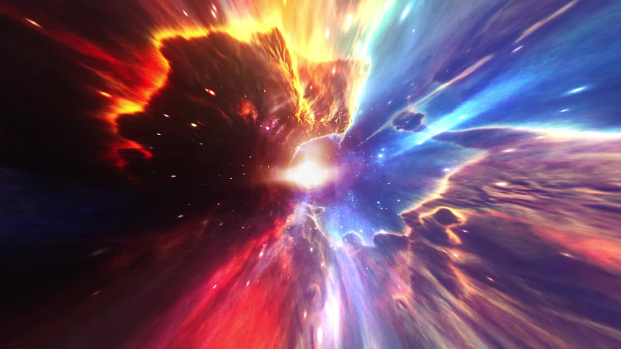 超空间光速空间飞行通过美丽的时空虫洞漩涡。4K 3D循环彩色科幻星际旅行背景概念。科学瞬移速度跳跃。