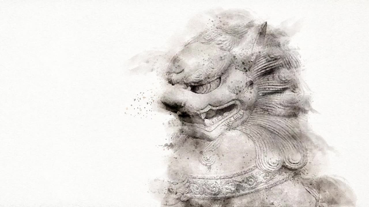 詳情圖-福福狗或中國守護獅子在白色的背景。水彩風格。