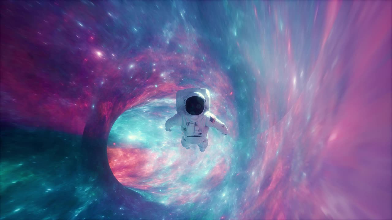 宇航员在太空星云中飞行。Vj循环视频背景。三维渲染