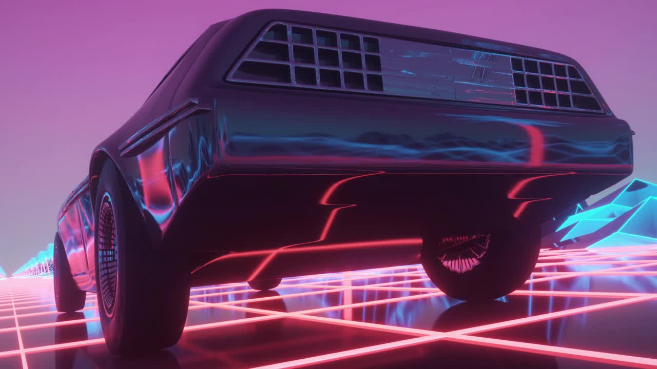 霓虹赛博朋克风格的汽车。80年代的背景动画。复古的未来汽车穿过霓虹城市