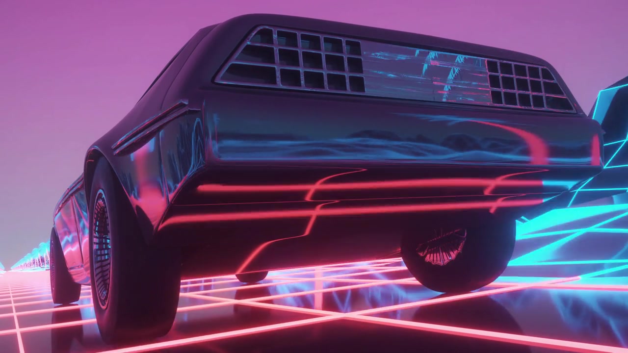 详情图-霓虹赛博朋克风格的汽车。80年代的背景动画。复古的未来汽车穿过霓虹城市