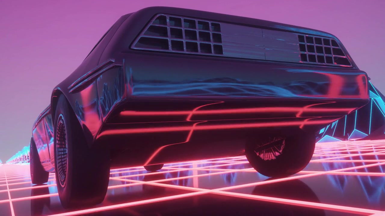 详情图-霓虹赛博朋克风格的汽车。80年代的背景动画。复古的未来汽车穿过霓虹城市